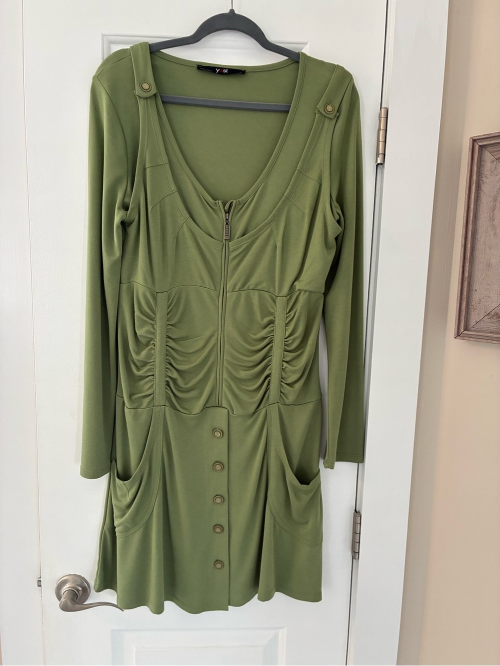 Women's Olive Green Long Sleeve Zip-Front Midi Dress